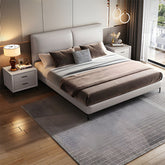 Under-bed storage open with wooden compartments, bed frame, bed and cot, beige tone